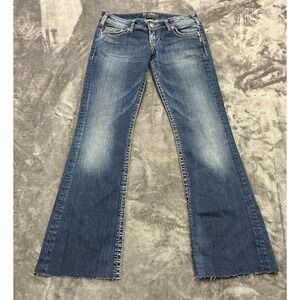 Silver Jeans Womens Sz.27 Blue Pioneer Low Rise Flare Raw Hem Embodied‎ Denim